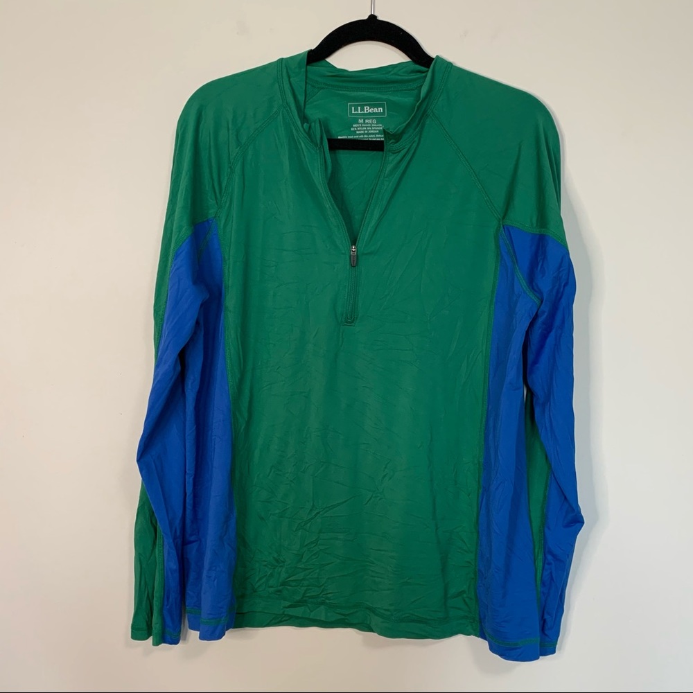 LL Bean Men Green Blue Contrast Nylon Long Sleeve Zip Shirt Medium